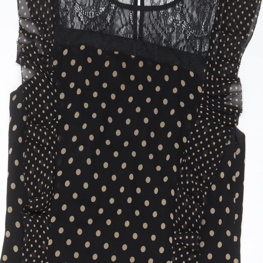 Oasis Womens Black Polka Dot Polyester A-Line Size 10 Boat Neck Button - Lace, Frill