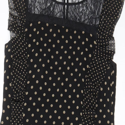 Oasis Womens Black Polka Dot Polyester A-Line Size 10 Boat Neck Button - Lace, Frill