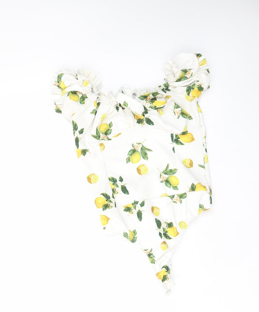 Missguided Womens White Geometric Polyester Bodysuit One-Piece Size 10 Snap - Frill