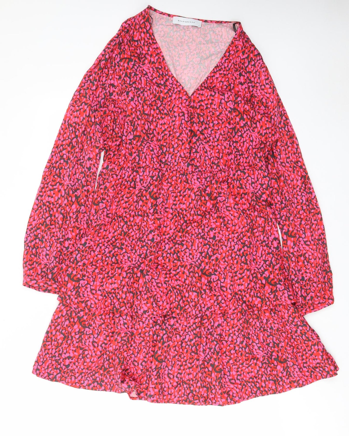 Rino & Pelle Womens Pink Animal Print Viscose A-Line Size 14 V-Neck Button - Frill