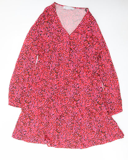 Rino & Pelle Womens Pink Animal Print Viscose A-Line Size 14 V-Neck Button - Frill
