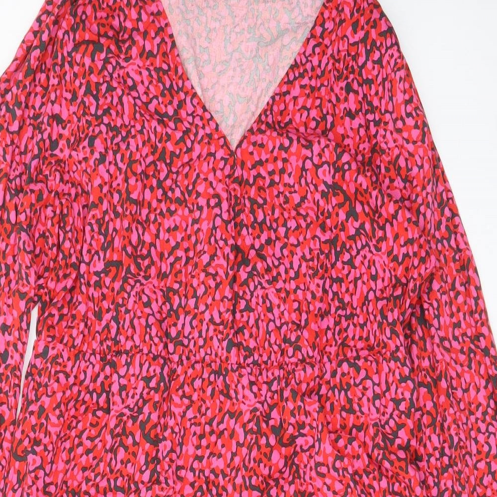 Rino & Pelle Womens Pink Animal Print Viscose A-Line Size 14 V-Neck Button - Frill