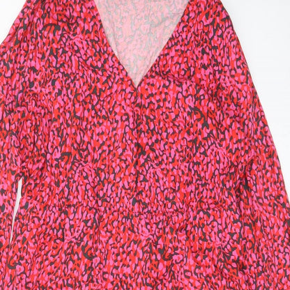 Rino & Pelle Womens Pink Animal Print Viscose A-Line Size 14 V-Neck Button - Frill