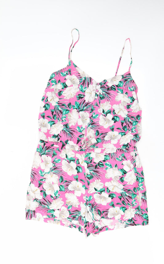 Marks and Spencer Womens Pink Floral Viscose Playsuit One-Piece Size 10 Button - Drawstring