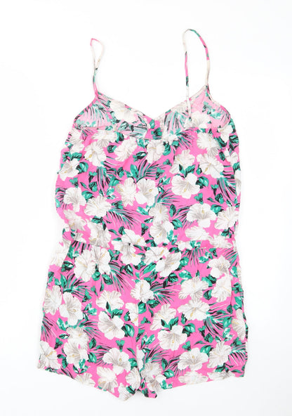 Marks and Spencer Womens Pink Floral Viscose Playsuit One-Piece Size 10 Button - Drawstring