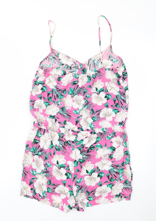 Marks and Spencer Womens Pink Floral Viscose Playsuit One-Piece Size 10 Button - Drawstring