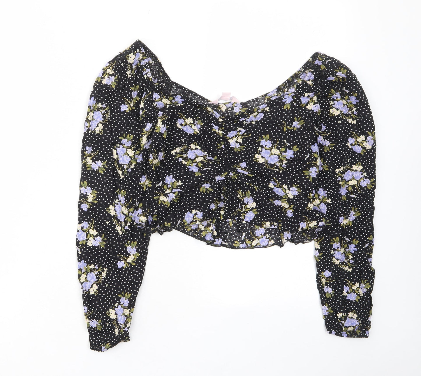 Miss Selfridge Womens Black Floral Viscose Cropped Blouse Size 8 V-Neck