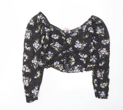 Miss Selfridge Womens Black Floral Viscose Cropped Blouse Size 8 V-Neck