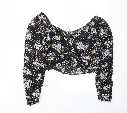 Miss Selfridge Womens Black Floral Viscose Cropped Blouse Size 8 V-Neck