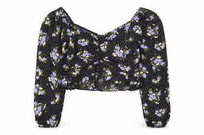 Miss Selfridge Womens Black Floral Viscose Cropped Blouse Size 8 V-Neck