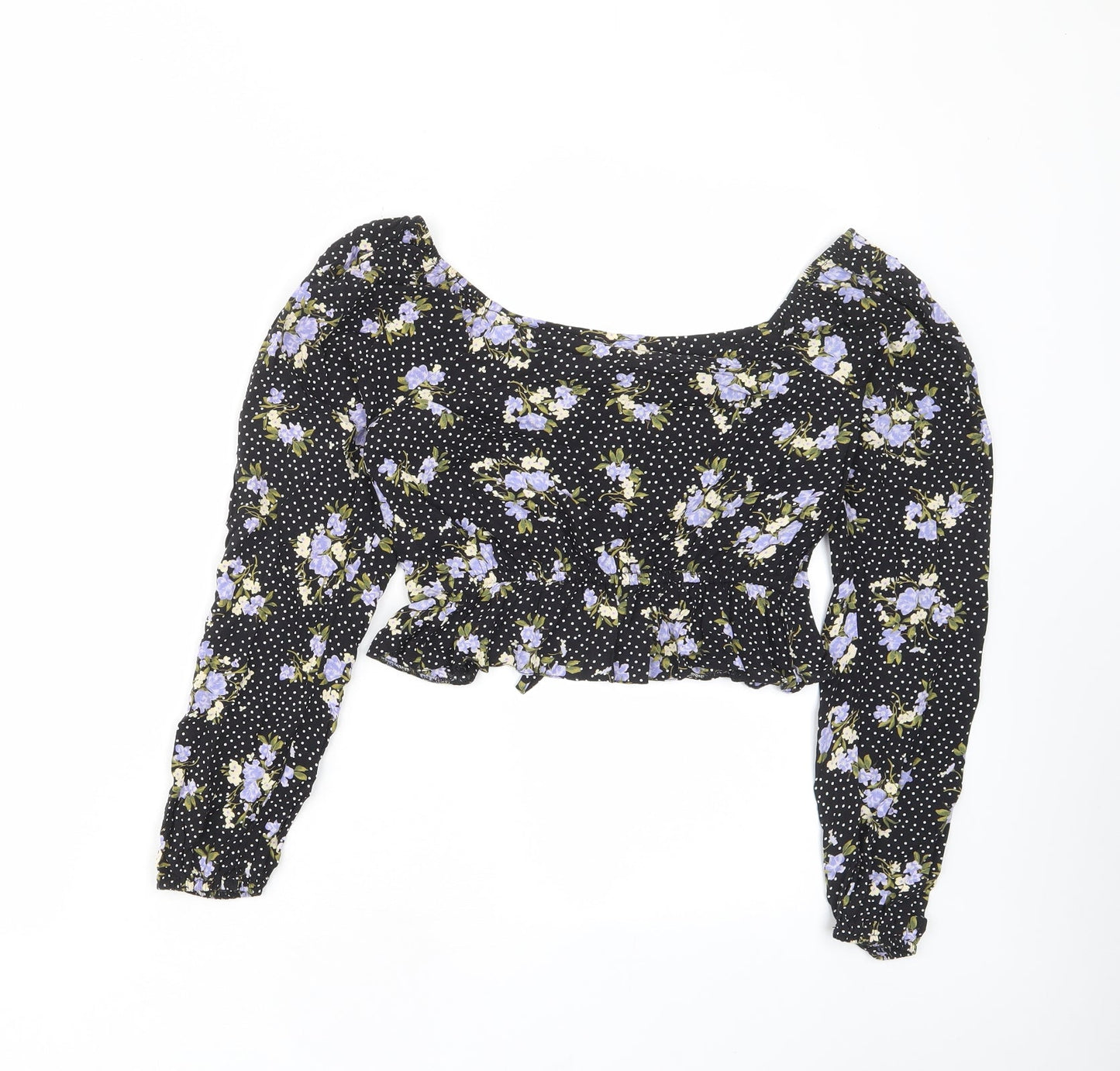 Miss Selfridge Womens Black Floral Viscose Cropped Blouse Size 8 V-Neck