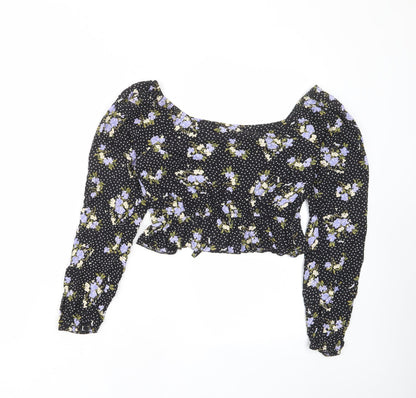Miss Selfridge Womens Black Floral Viscose Cropped Blouse Size 8 V-Neck