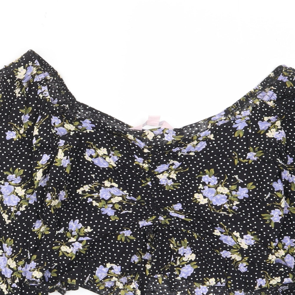 Miss Selfridge Womens Black Floral Viscose Cropped Blouse Size 8 V-Neck