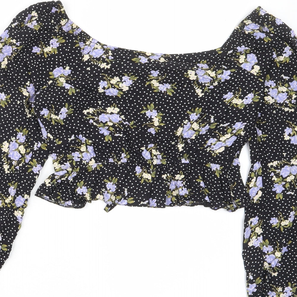 Miss Selfridge Womens Black Floral Viscose Cropped Blouse Size 8 V-Neck