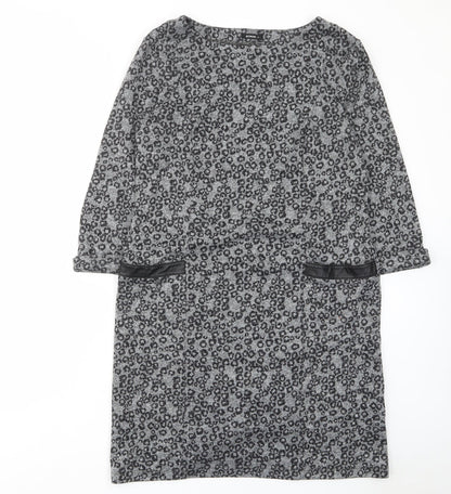 Roman Womens Grey Animal Print Polyester A-Line Size 14 Boat Neck Pullover - Pockets