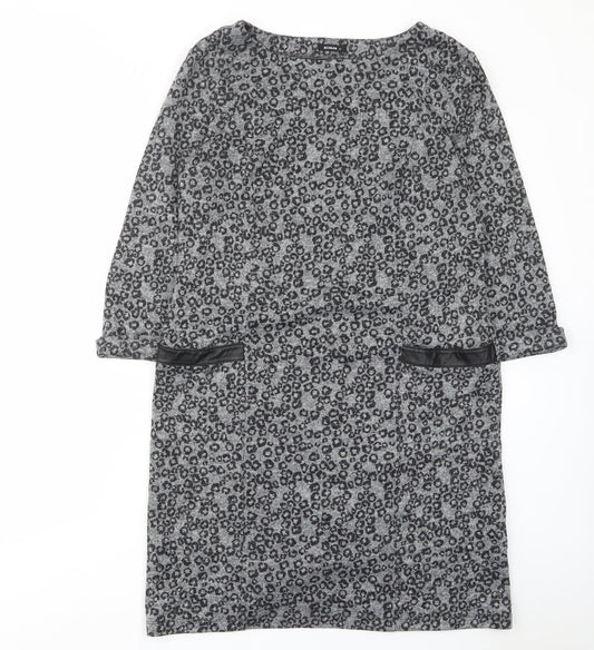 Roman Womens Grey Animal Print Polyester A-Line Size 14 Boat Neck Pullover - Pockets