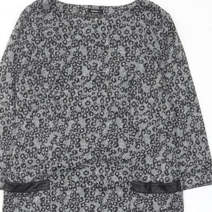 Roman Womens Grey Animal Print Polyester A-Line Size 14 Boat Neck Pullover - Pockets