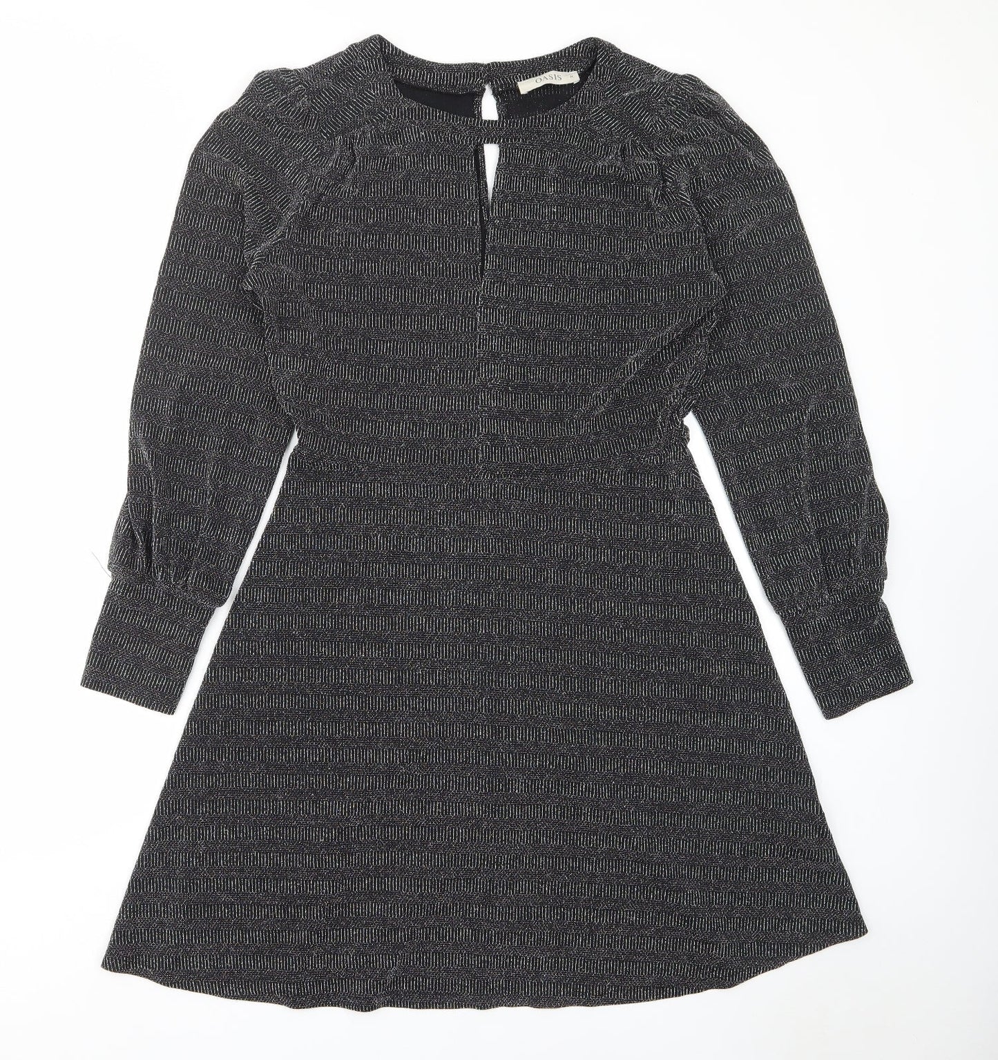 Oasis Womens Black Polyamide A-Line Size M Crew Neck Button - Keyhole neck