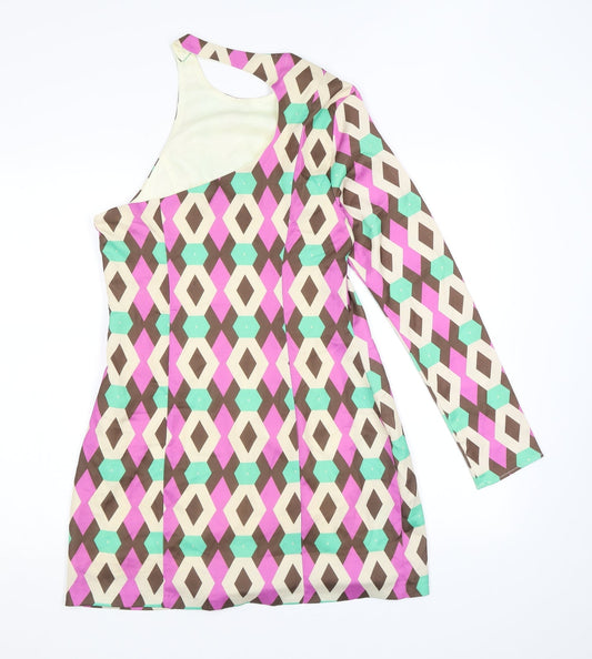 Zara Womens Multicoloured Geometric Polyester A-Line Size M One Shoulder Button
