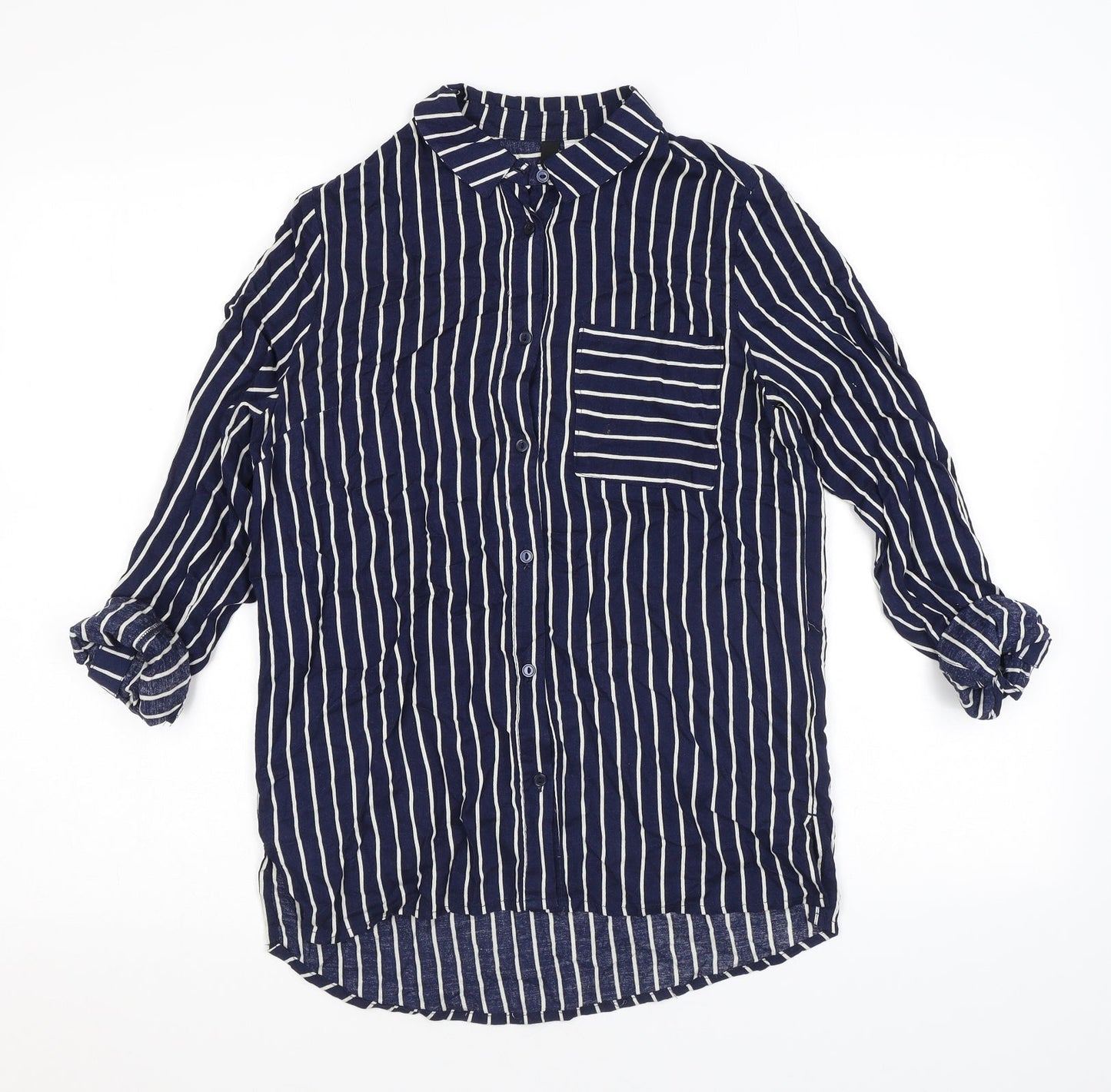 H&M Womens Blue Striped Viscose Basic Button-Up Size 6 Collared