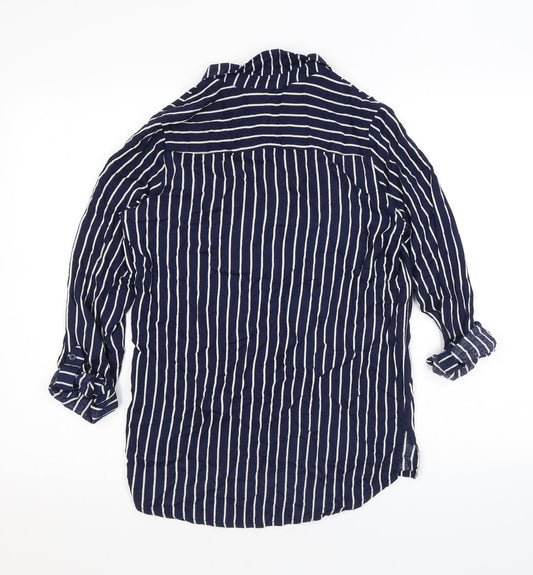 H&M Womens Blue Striped Viscose Basic Button-Up Size 6 Collared