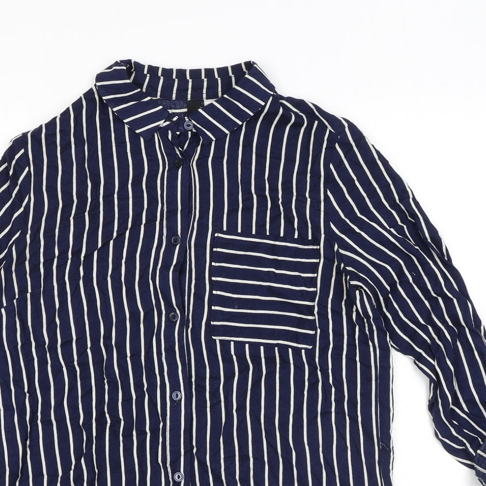 H&M Womens Blue Striped Viscose Basic Button-Up Size 6 Collared