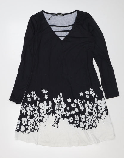 Sheilay Womens Black Floral Polyester A-Line Size S V-Neck Pullover