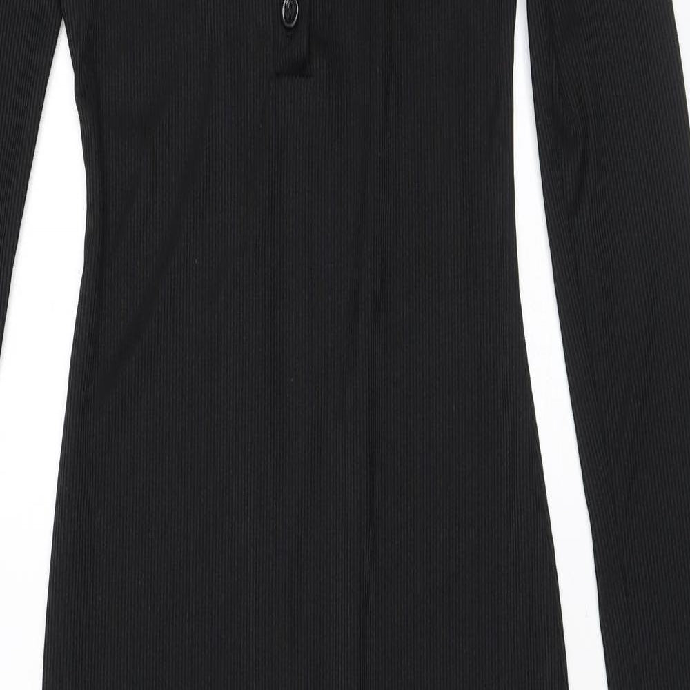 PRETTYLITTLETHING Womens Black Polyester Bodycon Size 6 Scoop Neck Button