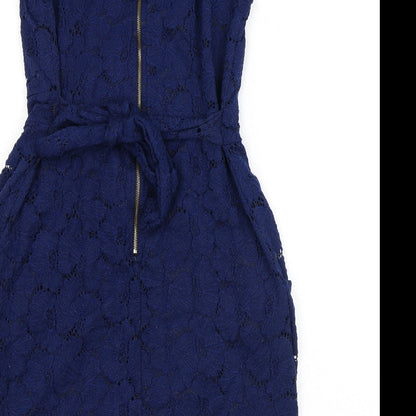 Vouley Vous Womens Blue Floral Nylon Mini Size L Round Neck Zip - Lace