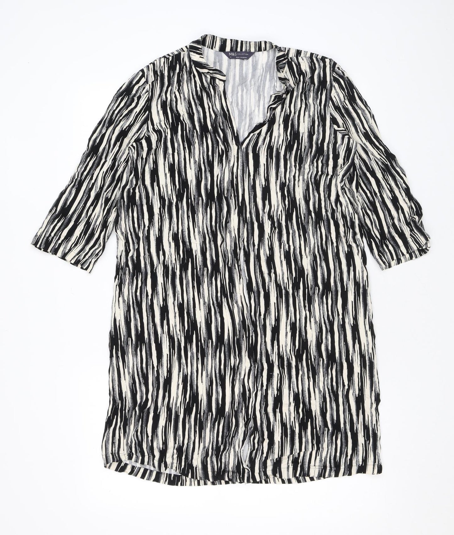 Marks and Spencer Womens Black Geometric Viscose A-Line Size 10 V-Neck Button