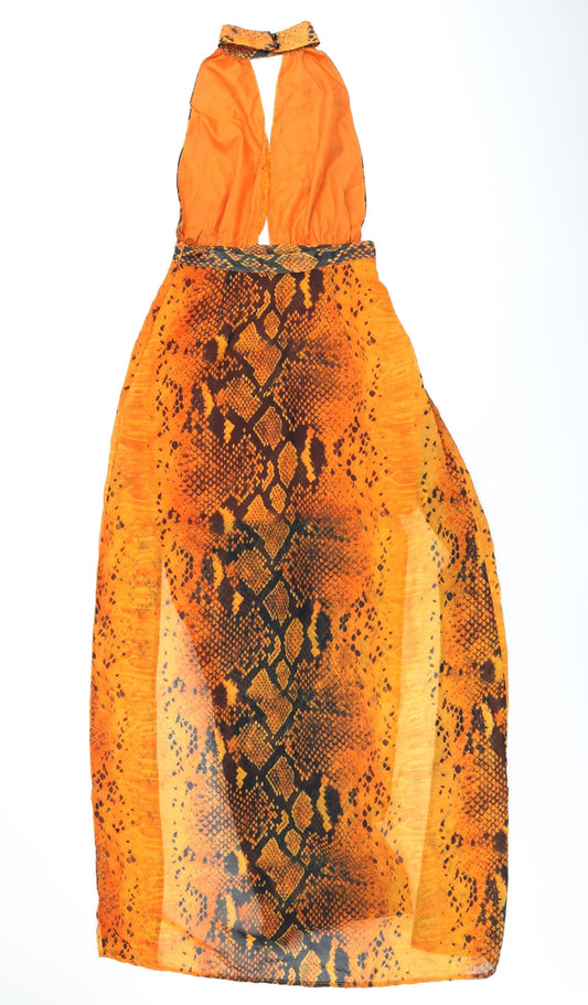 PRETTYLITTLETHING Womens Orange Animal Print Polyester Maxi Size 6 Halter Zip