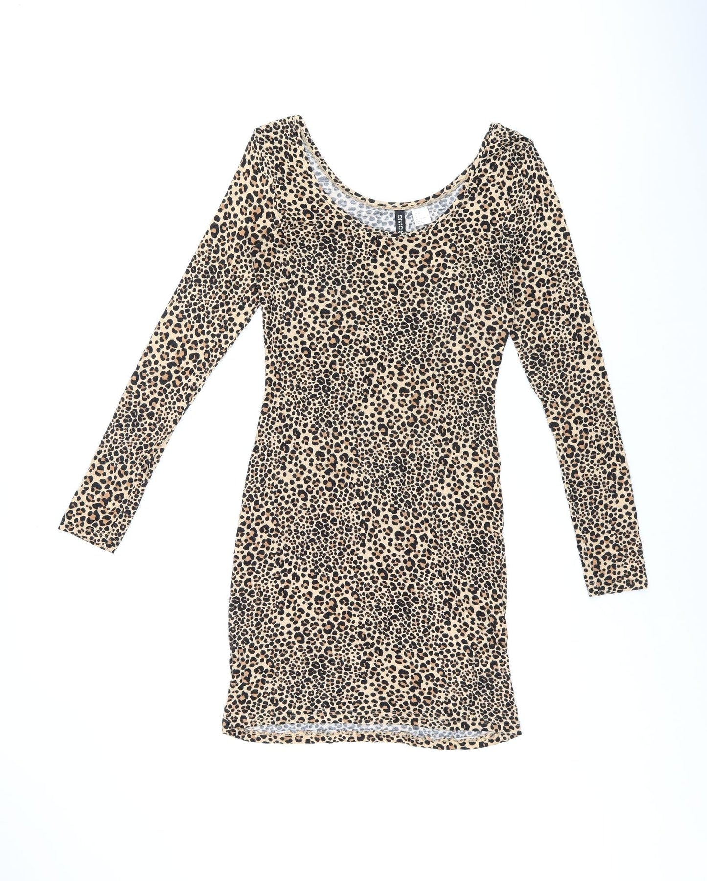 H&M Womens Beige Animal Print Viscose Bodycon Size 8 Scoop Neck Pullover - Leopard print