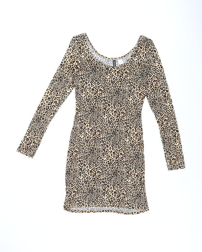 H&M Womens Beige Animal Print Viscose Bodycon Size 8 Scoop Neck Pullover - Leopard print