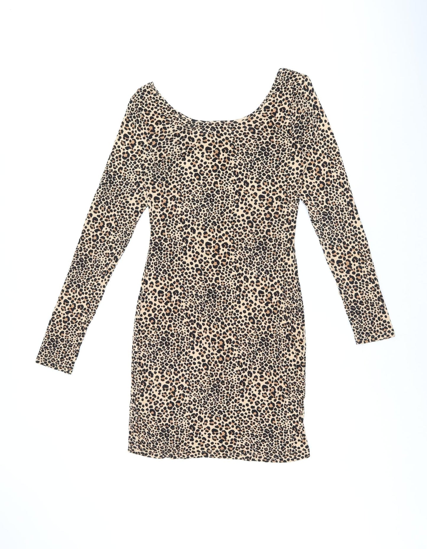 H&M Womens Beige Animal Print Viscose Bodycon Size 8 Scoop Neck Pullover - Leopard print