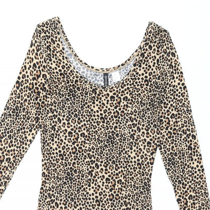 H&M Womens Beige Animal Print Viscose Bodycon Size 8 Scoop Neck Pullover - Leopard print