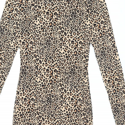 H&M Womens Beige Animal Print Viscose Bodycon Size 8 Scoop Neck Pullover - Leopard print