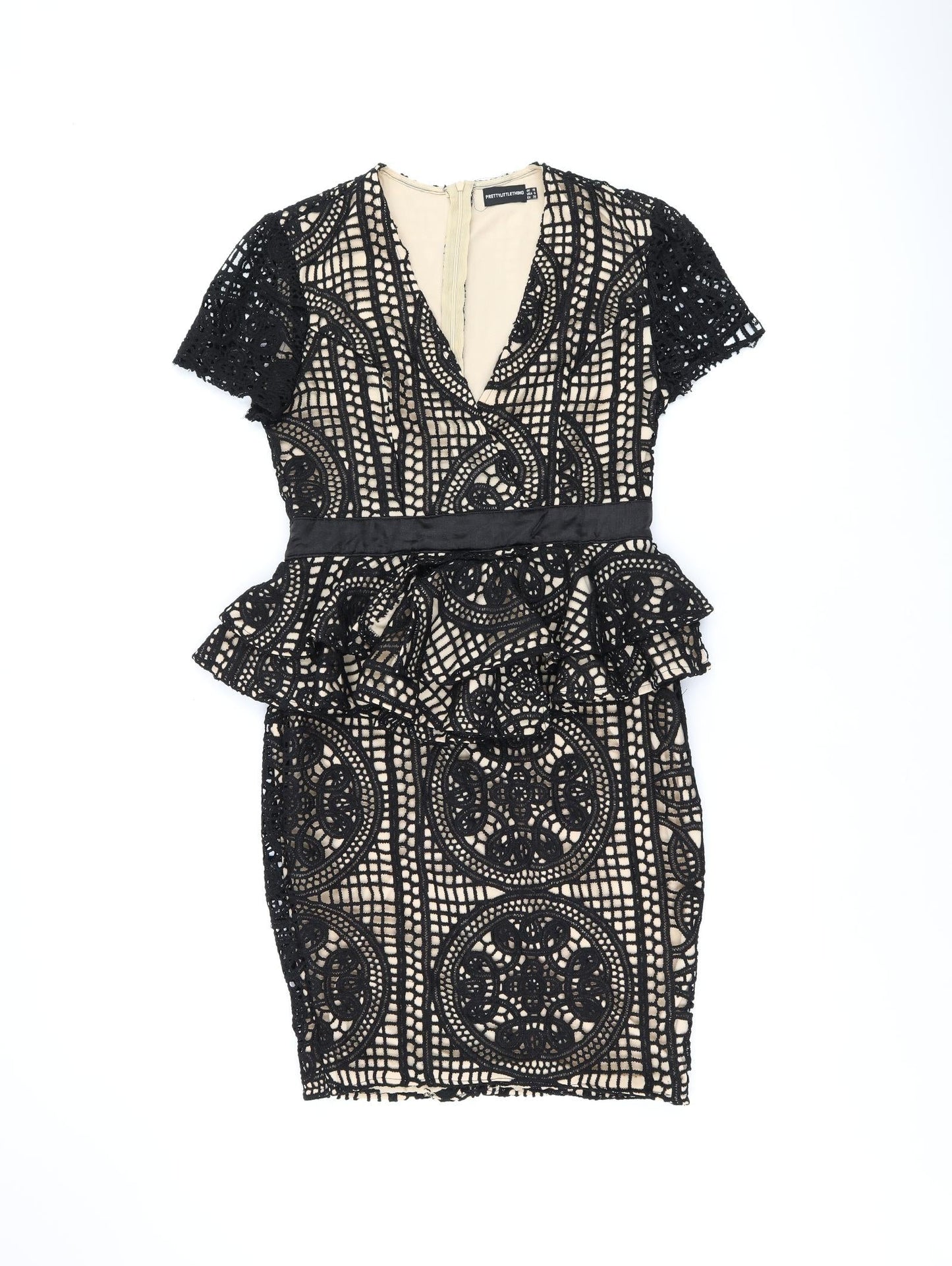 PRETTYLITTLETHING Womens Black Geometric Polyester Pencil Dress Size 10 Boat Neck Zip