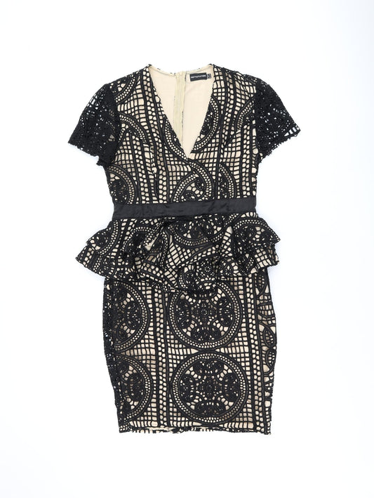 PRETTYLITTLETHING Womens Black Geometric Polyester Pencil Dress Size 10 Boat Neck Zip