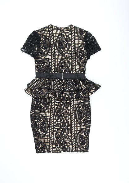 PRETTYLITTLETHING Womens Black Geometric Polyester Pencil Dress Size 10 Boat Neck Zip