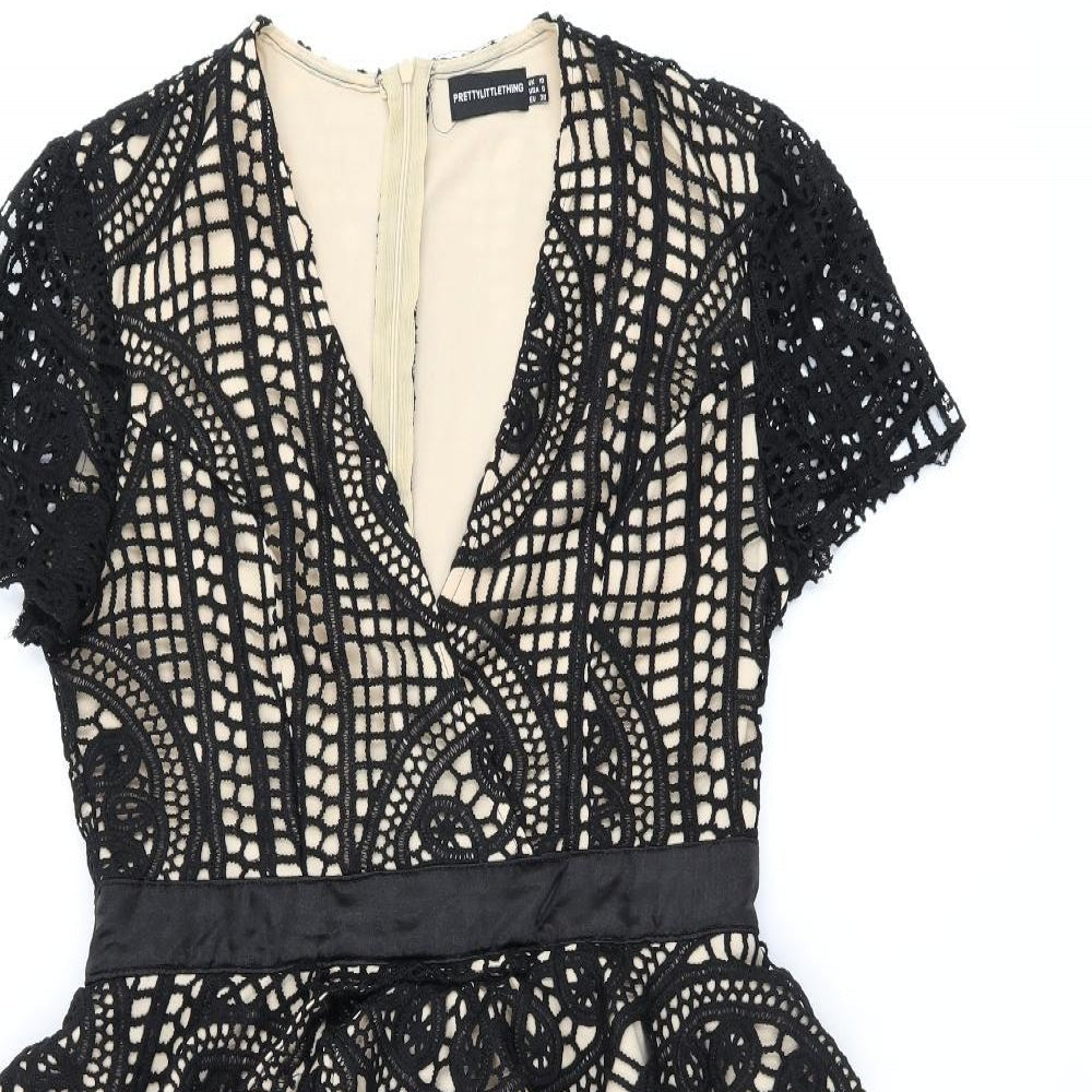 PRETTYLITTLETHING Womens Black Geometric Polyester Pencil Dress Size 10 Boat Neck Zip