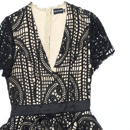 PRETTYLITTLETHING Womens Black Geometric Polyester Pencil Dress Size 10 Boat Neck Zip