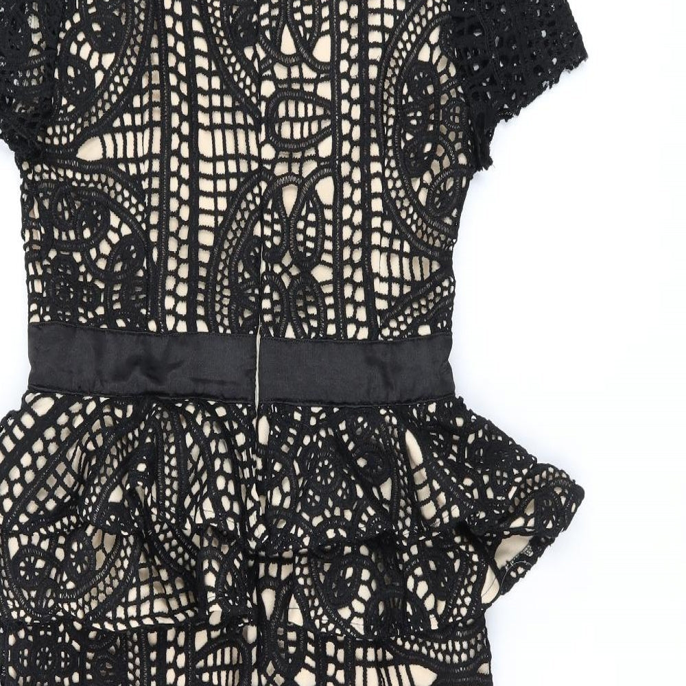 PRETTYLITTLETHING Womens Black Geometric Polyester Pencil Dress Size 10 Boat Neck Zip