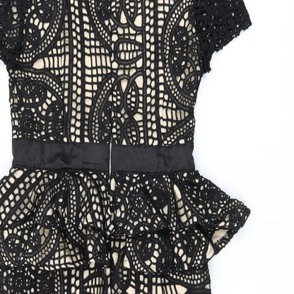 PRETTYLITTLETHING Womens Black Geometric Polyester Pencil Dress Size 10 Boat Neck Zip