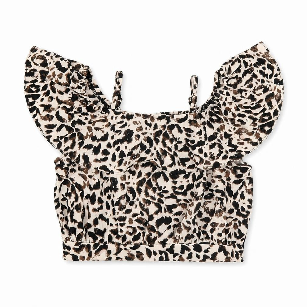 Front view of River Island girls’ beige animal print polyester pullover blouse, size 6, years off the shoulder pullover