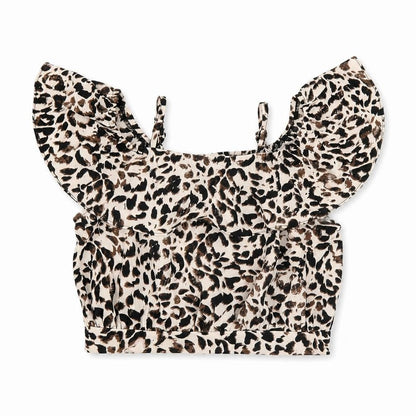 Front view of River Island girls’ beige animal print polyester pullover blouse, size 6, years off the shoulder pullover
