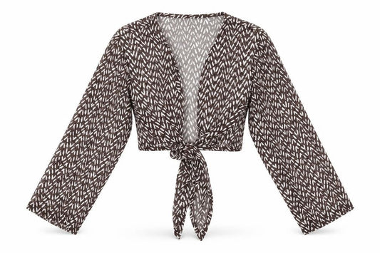 Casamia Womens Brown Geometric Polyester Cropped Blouse Size 12 V-Neck