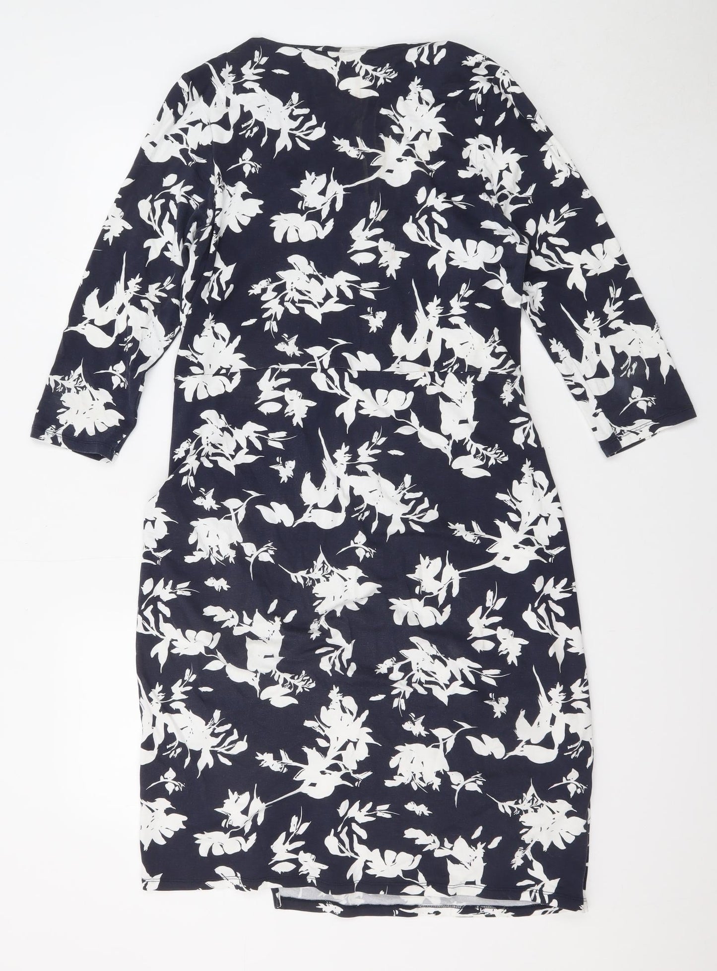 Pure Womens Blue Floral Polyester A-Line Size 16 V-Neck Pullover
