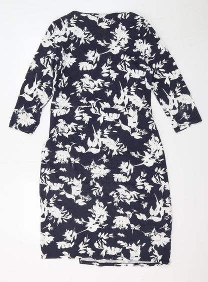 Pure Womens Blue Floral Polyester A-Line Size 16 V-Neck Pullover