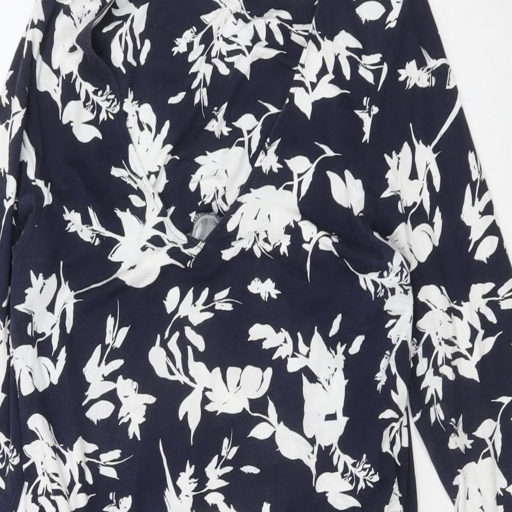 Pure Womens Blue Floral Polyester A-Line Size 16 V-Neck Pullover