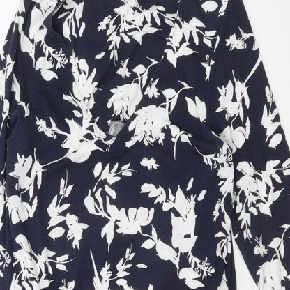 Pure Womens Blue Floral Polyester A-Line Size 16 V-Neck Pullover